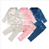 Kids Pajamas Silk Satin Tops Pant Solid Autumn Winter Long Sleeve Sleepwear Girl Boy Nightwear 3 Colors Optional BT6708