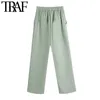 Traf Women Chic Fashion Side Fickets Straight Pants Vintage High Elastic Midje Zipper Fly Female Ankle Trousers Mujer 210415