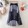 Vår sommar lång tulle kjol kvinnor koreanska stil färger mesh patchwork hög midja sol pläterad midi kvinnlig 210421