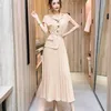 Letnia Moda Casual Kobiety Krótki Rękaw Wyłącz Kołnierz Plisowany Sukienka Szyfonowe Maxi Dresses 210531