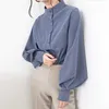 Vintage Big Lantern Sleeve Blus Kvinnor Vår Höst Single Breasted Stand Collar T Shirts Kontor Arbete Solid 210526