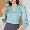 Весна свободного рукава корейской шелковой рубашки женщины V-образным вырезом плюс размер сатин блуза офисные дамы топы Blusas 10853 210512