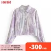 Tangada Kvinnor Tie Dyed Print Loose Denim Jacket Coat Slå ner Krage Ladies Oversize Boy Friend Coat 3W70 210609