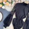 Women's turtleneck lace lantern sleeve shirt sexy hollow out Ins fashion design stitching blouse elegant ladies tops 210603