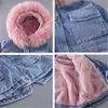 Hiver Toddler Fille Denim Veste Plus Velours Fourrure À Capuche Chaud Filles Survêtement Parka Manteau Bébé Épais Manteaux Enfants Vêtements 2-7 Ans H0909