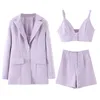 Foridol Tre Piece Set Women Solid Lila Toppar Och Shorts Casual Suit Blazer Coat Höst Winter Office Lady Blazer 210415