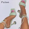 PZILAE Design Weave Sandals Heels Women High Heels Square Open Toe Ladies Skor Cross-Strap Sommar Sandaler Kvinnor Skor 210715