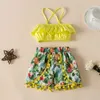 Yaz Çocuk Setleri Moda Kayışı Sarı Ruffles Baskı Şort Tops Casual 2 Adet Kız Giysileri 1-7 T 210629