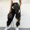 Kadınlar Rahat Kafatası Baskı Patchwork Pantolon Sonbahar Elastik Bel Cebi Geniş Bacak Pantolon Kadın Streetwear Artı Boyutu Sıcak Sweetpants X0629