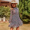 Aachoae Women's Floral Dress Bow Tie Neck Vintage Pleated See Through Sleeve Print Mini Casual Sundress Vestidos 210623