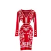 Y kvinnor jacquard stickad klänning koreansk v nacke långärmad elastisk smal penna klänningar vinter bodycon sweater kort klänning 210419