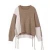 Winter Sweater Women Spliced Knitted Pullover Female O-neck Fashion Lace Up Long Sleeve Jumpers Warm Knitwear Tops Lady 210515