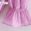 Women fashion v neck purple color casual slim a line Dress female pleats puff sleeve Vestidos Chic ruffles Dresses DS4361 210420