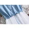 Sexy Top Summer Women Blouse Solid A-Line Dress Embroidery Stitching Mesh Fake Two Short-sleeved Dresses 3516 50 210417