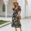 Aelegantmis Spring Print Beach Dress Mujeres Sexy Deep V Wrap Mujer manga corta verano bohemio Long es Vestidos 210607