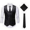 Homme noir Paisley 3 pièces gilet jacquard fleuri gilet mouchoir cravate costume poche carré ensemble XXL