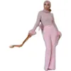 Nova chegada rosa muçulmano vestidos de bainha calça 2022 com pena luxo luxo de manga longa pena árabe vestido de noite elegante dubai abaya mulheres jumpsuit vestes de soriee