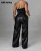 CM.YAYA Women Faux Leather Straight High Waist PU Pants INS Elegant Autumn Winter Solid Wide Leg Black Trousers 211124