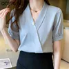 Chic Beaded Shirts Women Office Ladies Kortärmad Satin Formell Ol Blouse Plus Size Girl Sweet Pullover Topp 210601