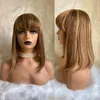 4 27 Ombre Brown Natural piano Color Highlight Wigs Front Human Hair For Women with bangs calpless Brazilian Straight Bob Wig 8 10 12 14inch All Ages