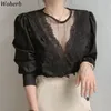 Sweet Vintage Shirts Wome Korean Chic Lace Patchwork Blusas De Mujer Temperament Blouses Women Elegant White Tops 95033 210519