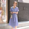 Blue Stripe A line Dress for women Summer Short Sleeve V neck Polyester Sexy ladies loose Office Dresses 210602