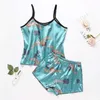 Women's Sleepwear Sexy Satin Pajama Set Cartoon Printing Pyjamas Sleeveless Cute Cami Top and Shorts 210830