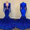 2022 Sparkle Long Evening Dresses Sexy Mermaid Long Sleeve Sheer Neckline Royal Blue Mermaid African Black Girls Prom Gala Gowns