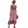 Vintage Print V Neck Short Sleeve Button High Waist Dress Women Casual Streetwear Loose Plus Size Beach Party Long Dresses 210608