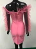 女性の冬のセクシーな長袖ピンクの包帯ドレスデザインデザイナーレースエレガントな有名人イブニングパーティーVestido 210527