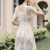 Süße Vintage Midi Kleid Frauen Casual Kurzarm Elegante Spitze Foral Kleid Weibliche Abend Party Chic Kleid Koreanische 210521