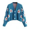 Women Sweater Knitted Cardigans V Neck Autumn Blue Black Floral Short Cropped M0134 210514