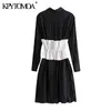 Frauen Chic Mode mit Schärpen Plissee Midi Hemd Kleid Vintage Langarm Seitenschlitze Weibliche Kleider Vestidos 210416