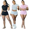 Nya sommarkvinnor jogging kostymer plus storlek 2xl kläder korta ärmspårsäckar Pullover Crop Tops+Shorts Två stycken Set Sportwear Casual Black Sweatsuits 4908