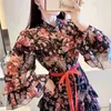 Cascading Ruffles Dress Woman Vintage Elegant Vestidos Lady High Waist Floral Printed Silk Mini Dresses Female Clothing 210603