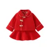 아기 소녀 드레스 중국 빨간색 탕 수트 겨울 전통 새 해 옷 유아 두꺼운 모직 따뜻한 조끼 드레스 + 코트 세트 210414