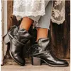 Vinter Kvinnor Biker Ankel Boots PU Läder Torka Färg Högklacken Lace Up Gummi Round Toe Black Platform Ladies Skor Y0914