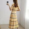 Summer Knitted 2 Piece Set Women Short Sleeve Sweater Crop Top + Wave Striped Big Swing Long Skirt Sets Two Suits 210514