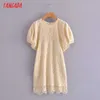 Tangada Summer Women Beige Lace Loose Dress Puff Short Sleeve Ladies Mini Dress Vestidos 2g25 210609