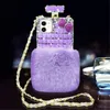 Kvinnor Designer Vinterstil Fur Ball Parfymflaska Diamond Fodral för iPhone 12 Pro Max 13 Mini 11 XR XSMAX 8Plus Lanyard Crystal Rhinestone 11Pro Phone Case Cover