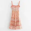 Inspirerad rosa blommigryck strappy sommarklänning Tassel Casual Gypsy Kvinnor Klänning Bohemian Resort Beach Dress for Women 210412