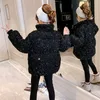 冬の女の子のアウターウェア新しいスパンコールは綿の暖かい子供ジャケットフード付きガールズアウター10代の服5-14yrs H0909