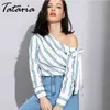 Tataria Dames SKEW Kraag Gestreepte Shirts met lange mouwen Mode Streetwear Bow Womens Tops en Blouses Chiffon Blouse Blusas 210514