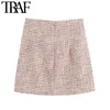 TRAF Frauen Chic Mode Büro Wear Tweed Minirock Vintage Hohe Taille Zurück Reißverschluss Weibliche Röcke Mujer 210415