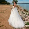 Charming Lace Appliqued Wedding Dresses Beaded Bridal Gowns Off The Shoulder Neckline A Line Sweep Train Tulle Bohemian robe de mariée