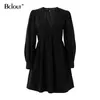 Bclout Casual Mini Fit and Flare Dress Women Puff Sleeve V Neck Black Party Dresses White Buttons Long Sleeve Autumn Vestido 210806