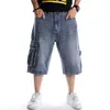 Mens Plus Size Loose Baggy Denim Short Men Jeans Fashion Streetwear Hip Hop Long 3/4 Cargo Shorts Pocket Bermuda Male Blue 210716