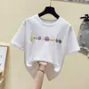 Bawełniane lato Embroide Tees Topy Kobieta Plus Rozmiar Krótki Rękaw Oversized T Shirt Big Girls Odzież Tshirt Różowy White 210604