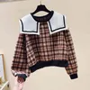 Automne Hiver Hoodies Poupée Col Dames Sweatershirts Femmes Lâche Coréen Court Plaid Top UK172 210507