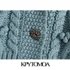 여성 패션 bejeweled 단추 자른 케이블 - 니트 조끼 스웨터 빈티지 옷깃 칼라 여성 양복 조끼 세련된 탑 210416